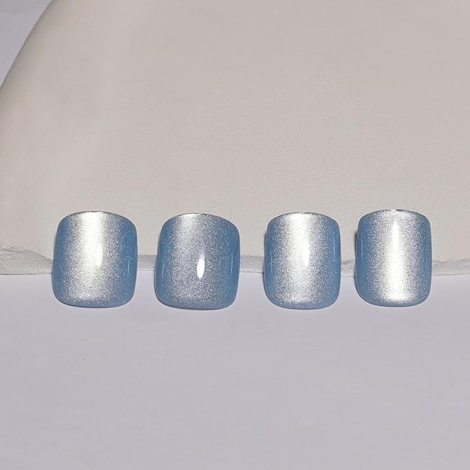 Light Blue Press On Nails Square – Short Cat Eye Fake Nails with Color-Shifting Glow, Reusable Stick On Nails, 15 Sizes, 30 Nail Kit with Glue, Thick Glue On Nails for Women, M2-Aurora Mist