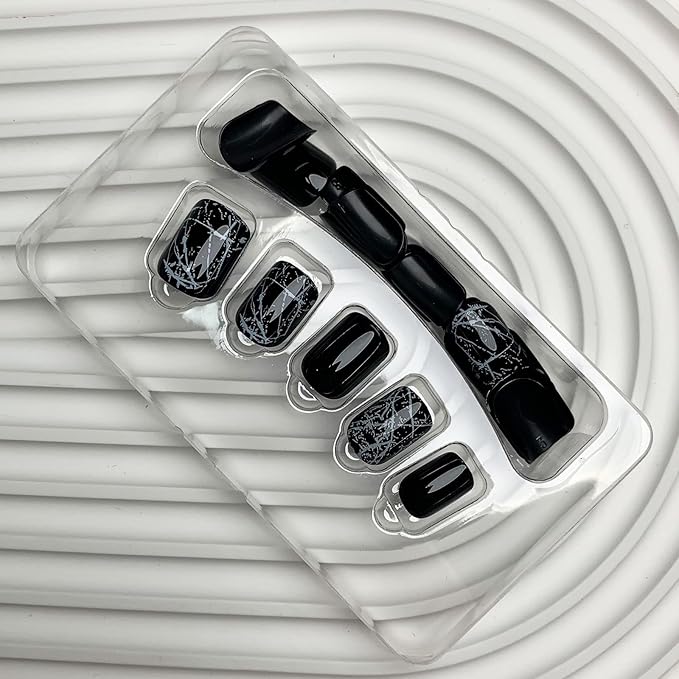 Black Press On Nails - Short Square Glossy Marble Acrylic Squoval Dark False Nails with Designs - Natural Summer Glue On Full Cover Stick On Nails for Women Girls - 24Pcs