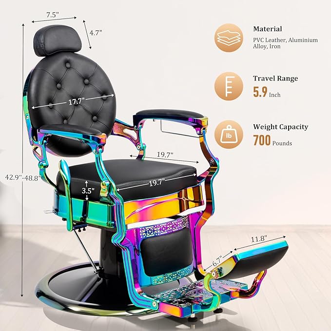 OmySalon Retro Barber Chair Heavy Duty, Aluminum Alloy Frame, Adjustable Headrest, Extra Wide Footrest, Hydraulic Salon Chair for Hair Stylist Reclining All Purpose for Beauty Spa Shampoo Styling