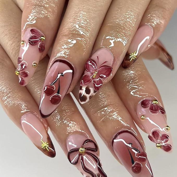 Brown French Tip Press on Nails Medium Almond Fake Nails with 3D Flower Butterfly Designs Nude Glossy Acrylic False Nails Red Cherry Glue on Nail Cute Bow Stick on Nail for Women 24Pcs