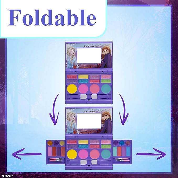 Disney Frozen Elsa Anna Cosmetic Compact Set with Mirror 22 lip glosses, 4 Body Shines, 6 Brushes Colorful Portable Foldable Washable Makeup Beauty Kit Box Set for Girls Kids Toddler