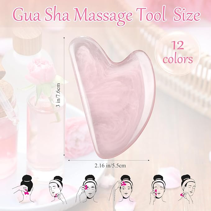Sherr 12 Pcs Gua Sha Facial Tools Resin Heart Shaped Massage Guasha Tool for Face Guasha Board for Spa Women Body Skin Care Reduce Muscle Tensions, 12 Colors(Sweet Color)