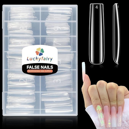 Extra Long Square Nail Tips, XXL 120Pcs 12 Sizes No C Curve Clear Acrylic Nails Straight Tapered Square Press on False Nail Tips for Nail Extension Nail Art Salon Home DIY