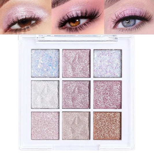 Pink White Glitter Shimmer Sparkle Eye Shadow Palette, Warm Pastel 9 Colors Sparkle eyeshadow Palette Makeup,Colorful Long Lasting Waterproof Naturing-Looking (ice glitter)