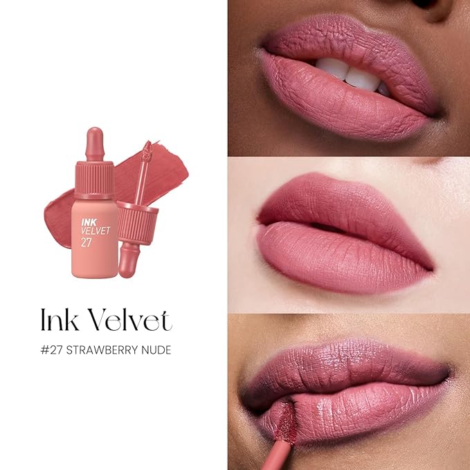 Peripera Ink the Velvet Lip Tint - High Pigment Color, Longwear, Weightless, Not Animal Tested, Gluten-Free, Paraben-Free (027 STRAWBERRY NUDE)