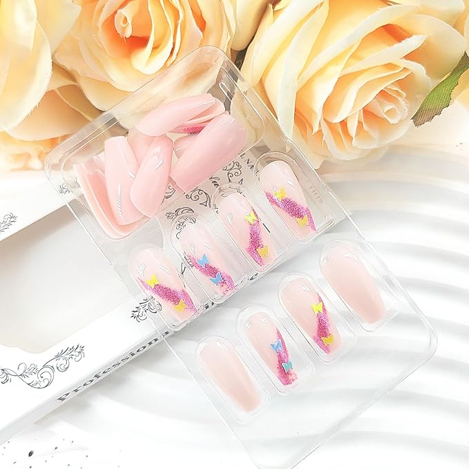 Coffin Press on Nails Medium Fake Nails Light Pink Glue on Nails Butterfly Sequins Glitter Design False Nails Press ons Glossy Full Cover Acrylic Nails Artificial Stick on Nails for Women Girls 24Pcs