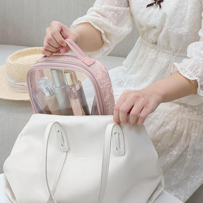 PACKISM TSA Approved Toiletry Bag - Floral Texture Lace Clear Makeup Bags with Handle, Clamshell Closing 180° Opening, Clear Toiletry Bags for Travel Essentials, 0.5 mm Thick, Pink