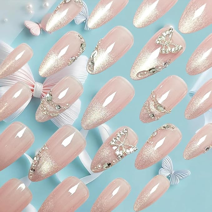 Summer Butterfly Press on Nails Pearl Gel Glue on Fingernails Glossy White Glitter Medium Almond False Nail 24Pcs French Acrylic Full Cover Fake Nails Rhinestone Stick on Nail for Holiday Manicure Art