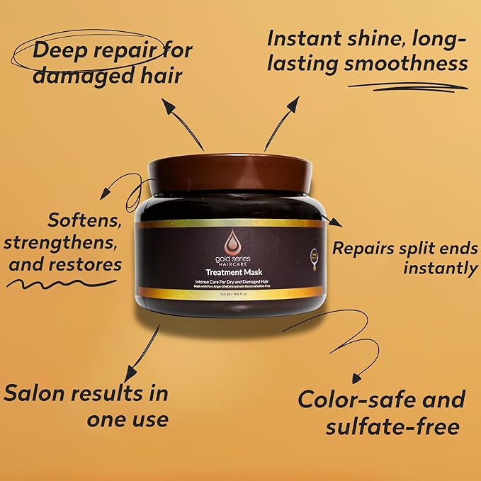 Gold Series Treatment Mask – Deep Hydrating Argan Oil Hair Mask for Dry Damaged, Color Treated and Curly Hair Enriched with Keratin – Sulfate Free Natural Hair Repair Treatment, 18.6oz