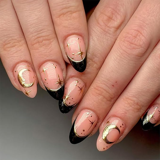 24Pcs Almond Press on Nails Medium French Tip Fake Nails Black Nail Tips with Moon Star Design Nude False Nails Gold Glossy Stick on Nails Cute Nail Supplies for Women Manicure Decorations Tips
