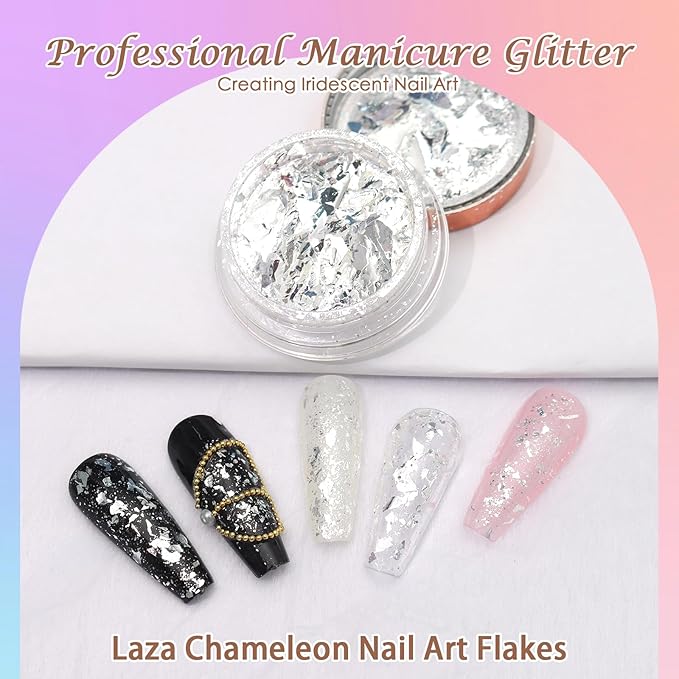 Laza Silver White Pearlescent Nail Flakes Glitter Irregular Opal Nail Foil Flakes Chunky Confetti Moonlight Chrome Sequins Aurora Fairy Dust for Mermaid Nails Design, Nail Decorations for Nail Art
