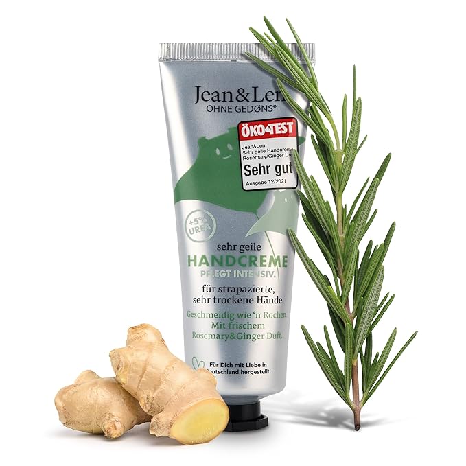 Jean & Len Hand Cream Rosemary & Ginger, with urea, hand care for dry and chapped hands, moisturizes and nourishes intensively, hand cream tube, 2.54 ml