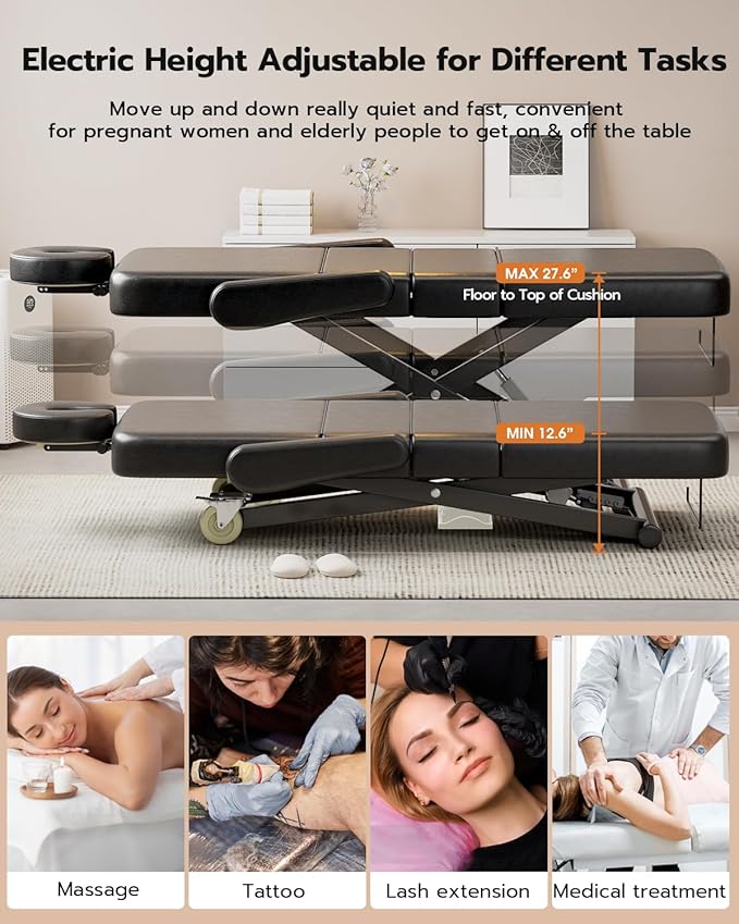 Paddie 3 Motor Fully Electric Lash Bed with Face Cradle & Foot Pedal, 550lbs Electric Lift Massage Table with Independent Leg Adjustment & Rolling Wheels, Dental/Exam/Treatment/Spa/Tattoo, Black