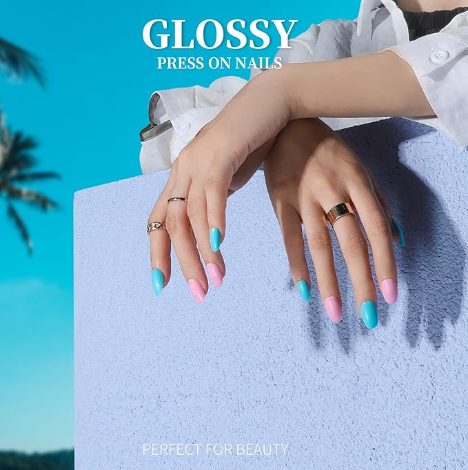 Teenitor Short Oval Press On Nails, 24 Colors Press On Oval Nails, 576pcs Press On Round Fake Nails, 12 Sizes Glue On Nails Short Almond Press On Nails with Nail Glue, Nail Adhesive Tabs