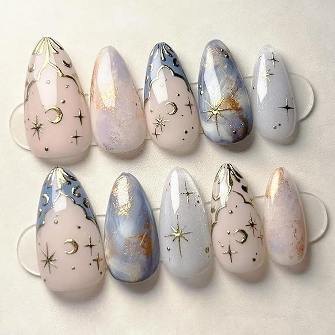 IMRAIN Almond Press on Nails Medium Fake Nails with Gold Star Moon Designs Acrylic Blue Gradient Glossy Nail Supplies Full Cover Glue on Nails Glitter Stick on False Nails for Women Girls