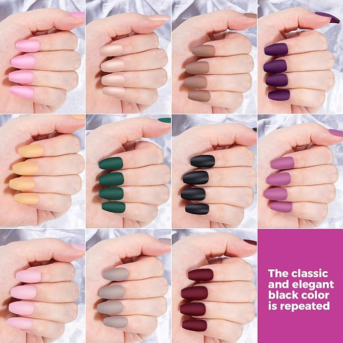 FANDAMEI Matte Press on Nails Medium Length, 24 Packs 576PCS Medium Coffin Fake Nails Full Cover, Acrylic Short Ballerina False Nail tips with Nail Glue, Nail Adhesive Tabs, Nail File for Nail Art DIY