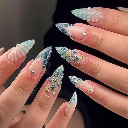 24Pcs Blue French Tip Press on Nails Medium Almond Fake Nails with Gold Seashell Designs 3D Flower Pearl Rhinestones Acrylic Stick on Nails Summer False Nail Tips Glue on Nail for Women