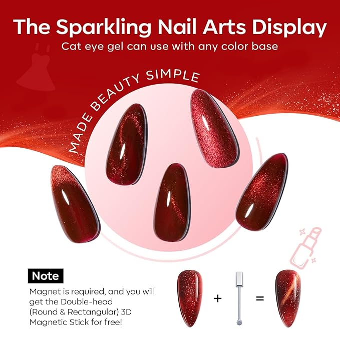 modelones Red Gel Nail Polish Set - 6 Colors 2025 Christmas Winter Ruby Glitter Cat Eye Magnetic Gel Polish Burgundy Red Sparkle Bloody Nail Polish Kit Soak Off LED Thanksgiving Nail Art DIY Gift