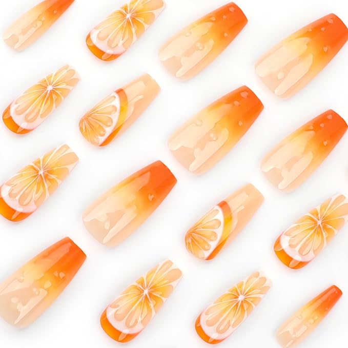 24Pcs Summer Fruit Press on Nails Medium Square Coffin Fake Nails with 3D Orange Water Drop Design Orange Gradient French Tip False Acrylic Nails Summer Full Cover Glue on Nails for Women