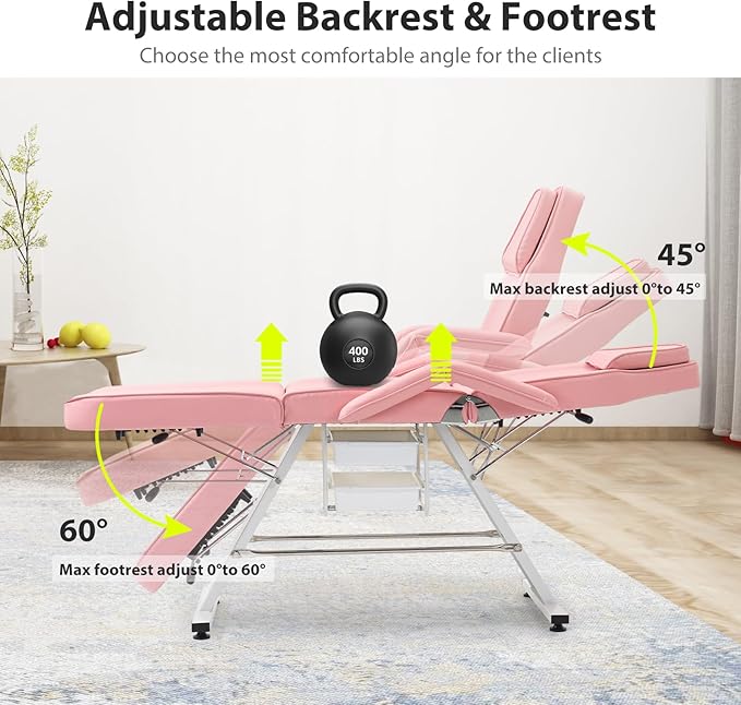 Tattoo Chair Facial Bed with Two Trays Esthetician Bed Adjustable Folding Salon Bed with Hydraulic Stool Massage Bed for Professional Massage Facial Lash Beauty Treatment Spa Pink