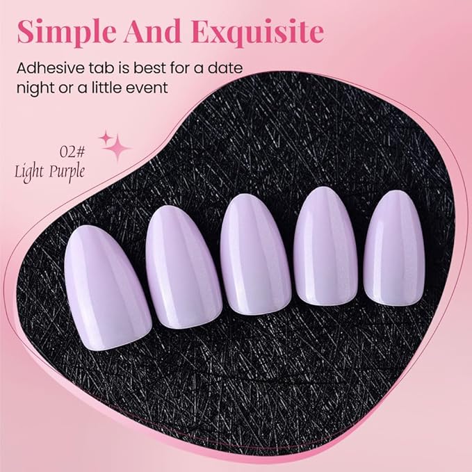 evpct Press on Nails Almond Short, Light Violet Glitter Shimmer Shiny Short Almond Fake Nails for Women Gift, Soft Gel Press Glue On Nails with Nail Glue, 30Pcs Reusable Acrylic Fake Nail Manicure Kit