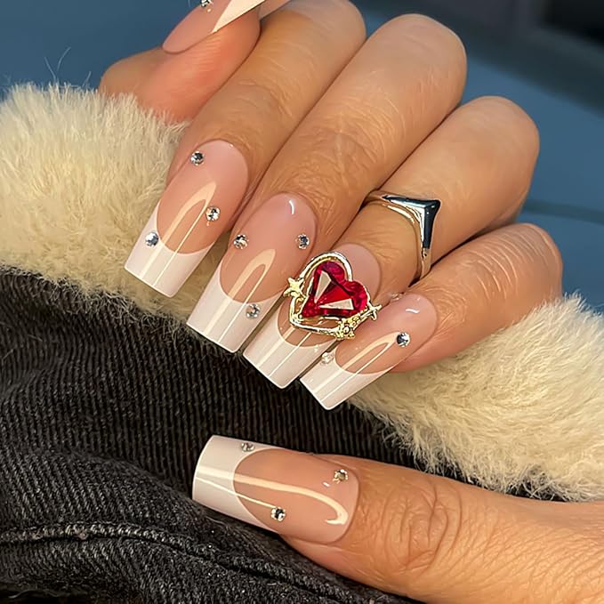 Yivaiks White French Tip Press on Nails Medium Fake Nails With Designs Gem Heart Stick on Nails Full Cover Artificial Nails Press ons Acrylic Nails Kit 24pcs