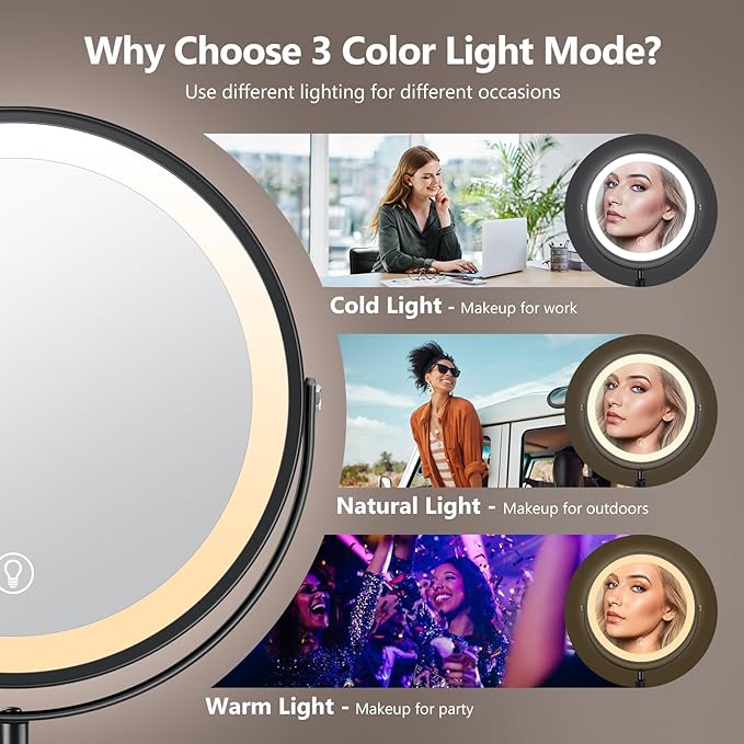 10x Large Lighted Makeup Mirror, Rechargeable 8" Height Adjustable Vanity Mirror, 1x/10x Magnifying Mirror with 3 Color, Brightness Adjustable, 360° Rotation Double Sided Mirror, Gift for Her(Black)
