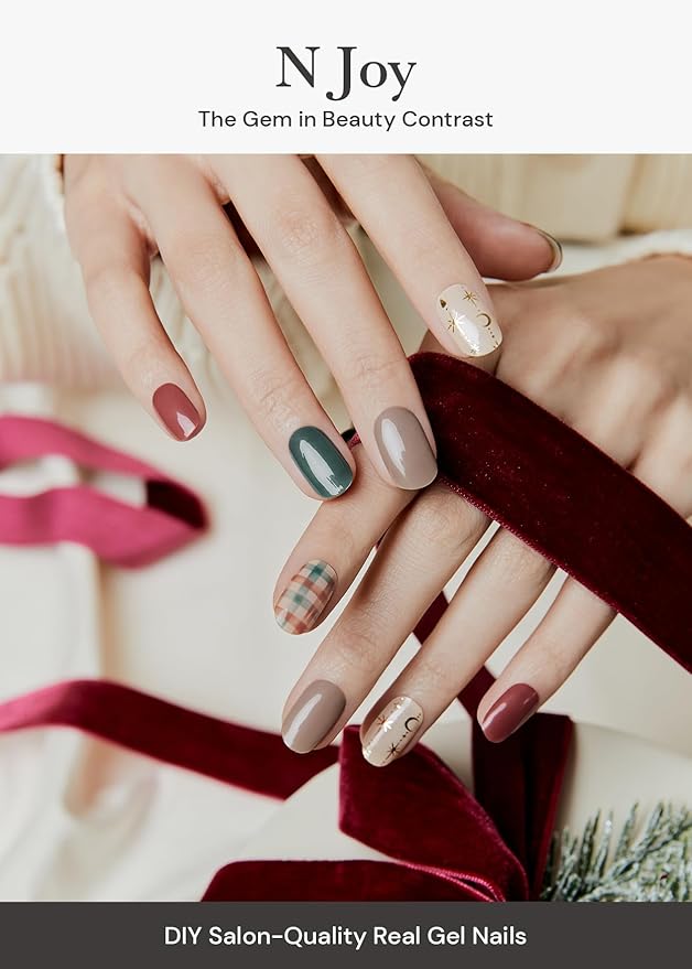 ohora Semi Cured Gel Nail Strips (N Joy) - Green, Patterned, Works with Any UV/LED Lamps, Salon-Quality, Long Lasting, Easy to Apply & Remove - Includes 2 Prep Pads, Nail File & Wooden Stick