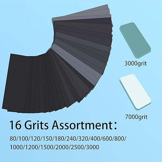 3-in-1 Wet Dry Sandpaper Set,48 Sheets of 80 to 3000 Grit Sand Paper,1 Sandpaper Holder and 2 Sponges Sanding Block for Wood Furniture Finishing Metal Automotive Sanding Polish