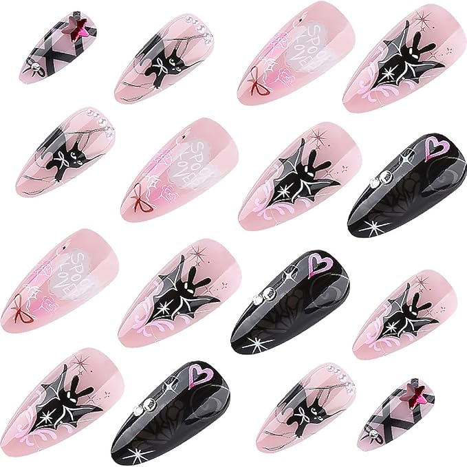 24Pcs Gothic Press on Nails Medium Almond Fake Nails Cat Bow Heart with Rhinestones Gems Charms Glitter Design Full Cover Y2k Glue on Nails Black Pink False Nails for Women Artificial Acrylic Nails