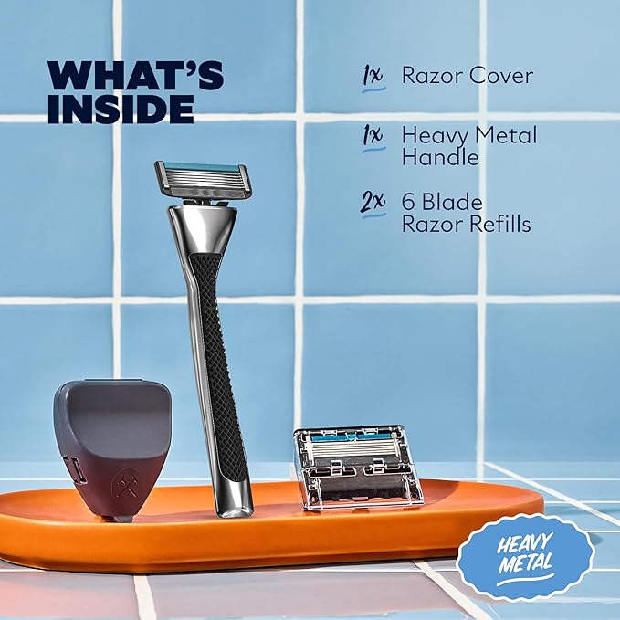 Dollar Shave Club | Heavy Metal Handle Shave Set with Razor Cover | 2 Extra Close Refill Cartridges, 1 Heavy Metal Handle, 1 Razor Cover