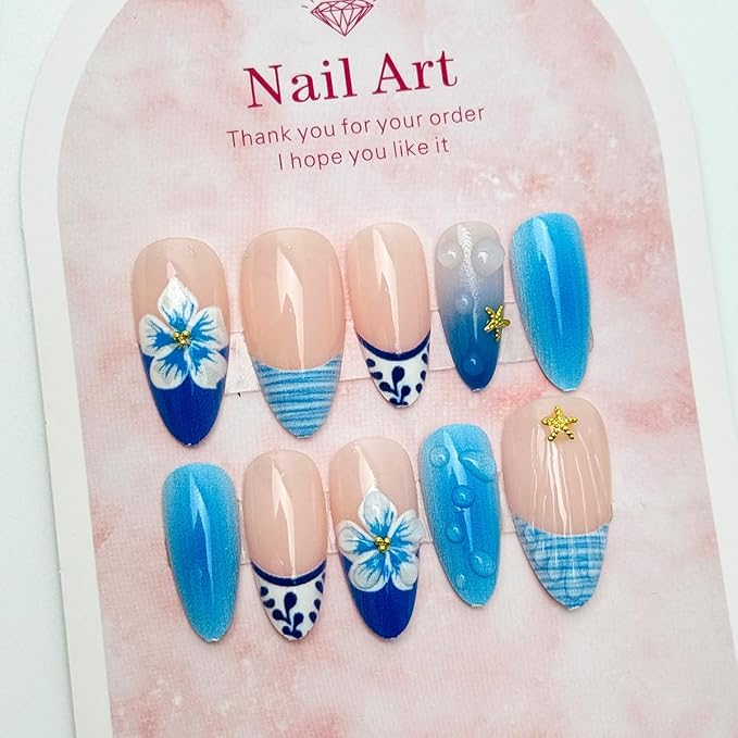 24Pcs Blue Flower Press on Nails Medium Almond Fake Nails with Gold Starfish Water Ripple Design French Tip False Nails Beach Stick on Nails Full Cover Artificial Glue on Nails for Women DIY Manicure