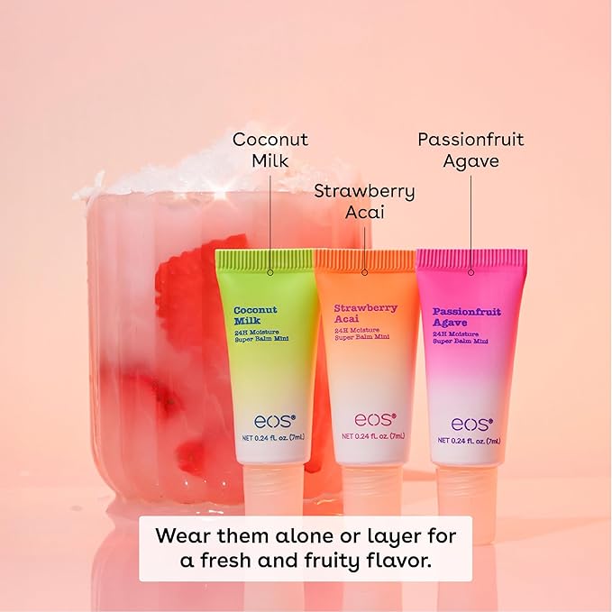 eos 24H Moisture Super Balms Minis- Pink Paradise, Limited-Edition, Nourishing, Dry Lips, Variety Pack, 0.169 fl oz, 3-Pack