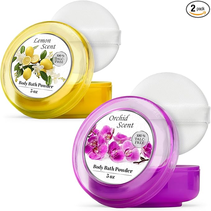 R-NEU Body Powder for Women with Powder Puff, 100% Talc-Free, Luminous Lemon Scented Dusting Powder, After Bath for Soft Skin, Extra Large, (2 Pack, 5oz Each)