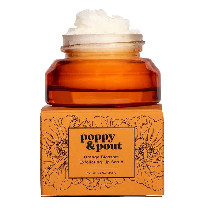 Poppy & Pout Natural Lip Scrub, Moisturizing Sugar Scrub for Dry Lips, Lip Scrubber Exfoliator with Essential Oils Smooths and Hydrates Lips, In Recyclable Glass Jars, Cruelty Free - Orange Blossom