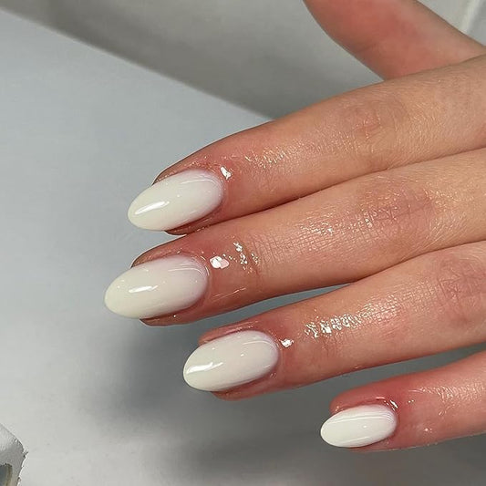 White Press on Nails Short Almond Fake Nails Press ons, Thick Solid Color Glue on Nails Short False, Medium Almond Oval Round Shaped for Women, 24Pcs Natural Acrylic Gel Nail