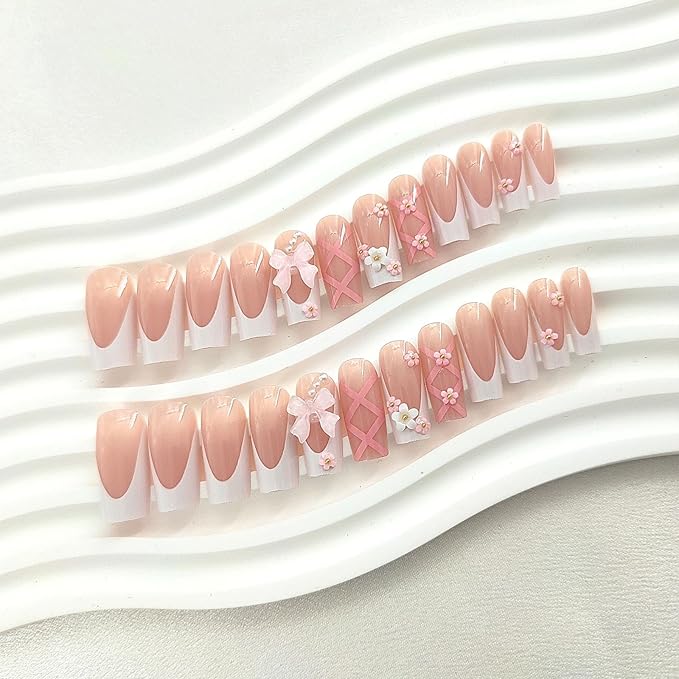 Long Press on Nails Square Plastic False Nails 24Pcs Glossy Extre Long Glue on Nails for Girls and Women with Lines 3D Bow Flower Design Pearl White French Tip Nails