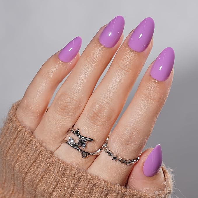 Press on Nails, Short Purple Press on Nails Almond Reusable Glossy Purple Nails Soft Gel False Nails Press ons for Women, 16 Sizes 32 Count Nails Kit with Glue (SV-13)