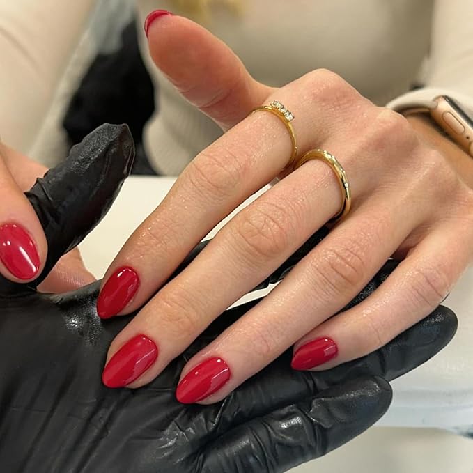 Red Short Almond Fake Nails Press ons, Short False Thick Solid Color Glue on Nails, Medium Almond Oval Round Shaped Nails for Women, 24Pcs Natural Acrylic Gel Nails