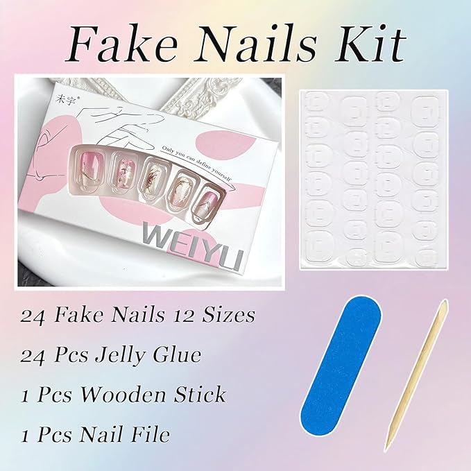 30Pcs Pink Press on Nails Short Square Fake Nails with Embossed Designs Glue on Nails Spring Summer Acrylic Nails Full Cover Butterfly False Nails Star Moon Stick on Nails for Women Nail Decoration