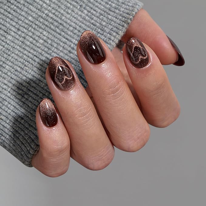 BTArtbox Extra Short Almond Press On Nails - Brown Cat Eye Press On Nails with Glue for Women, Opaque Soft Gel Glue On Nails in 16 Sizes - 32 Stick On Nails Kit, Heart Coffee Art