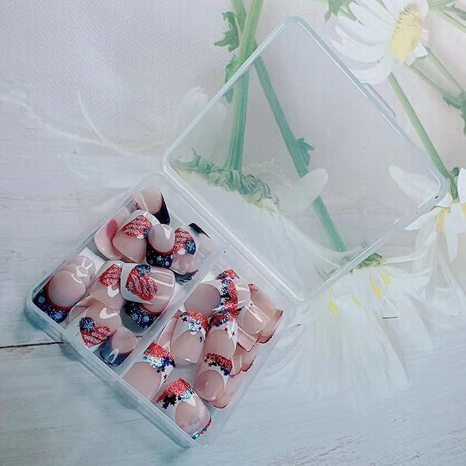 48Pcs Independence Press on Nails Short Square Fake Nails Kit 4th of July with Red White Stripes Star Sequin Glitter Design,Glossy False Nails American Flag Press on Patriotic Stick on Nail for Women