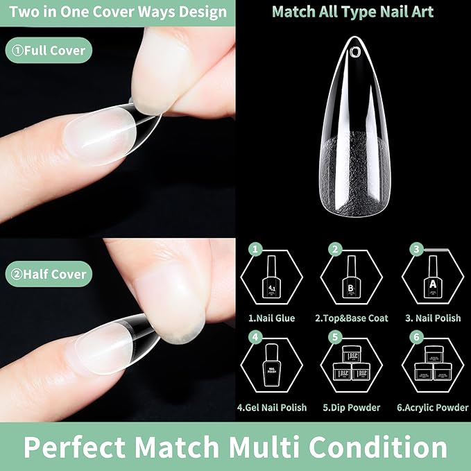 Long Stiletto Nail Tips, 216pcs Acrylic Fake Nails Gel Nail Tips Soft, Full Cover Pre-Shaped Matte Clear Press on Nails for Extension, Diy at Home Manicure 12 Sizes