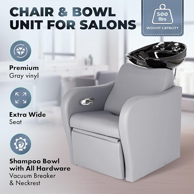 Buy-Rite Lexus Backwash Unit with Tilting Black Porcelain Shampoo Bowl, Extra Wide Foam Padded Seat, Kick-Out Leg Rest & European Style Single Handle Faucet - Gray Salon Shampoo Chair, TS-8018B