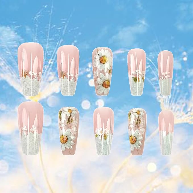 24Pcs Spring Flower Press on Nails Medium Coffin Acrylic False Nails Glossy Green French Tips Fake Nails Daisy Stick on Nails Chrysanthemum Gel Glue on Nails for Coquette Women Girls