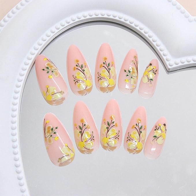 Green Leaves Gel Glue on Acrylic Fake Nails Flower Press on Nails 24Pcs Wild Flowers Press ons Fingernails Glossy Yellow Medium Almond False Nail Oil Painting Stick on Nail for Holiday Manicure Art