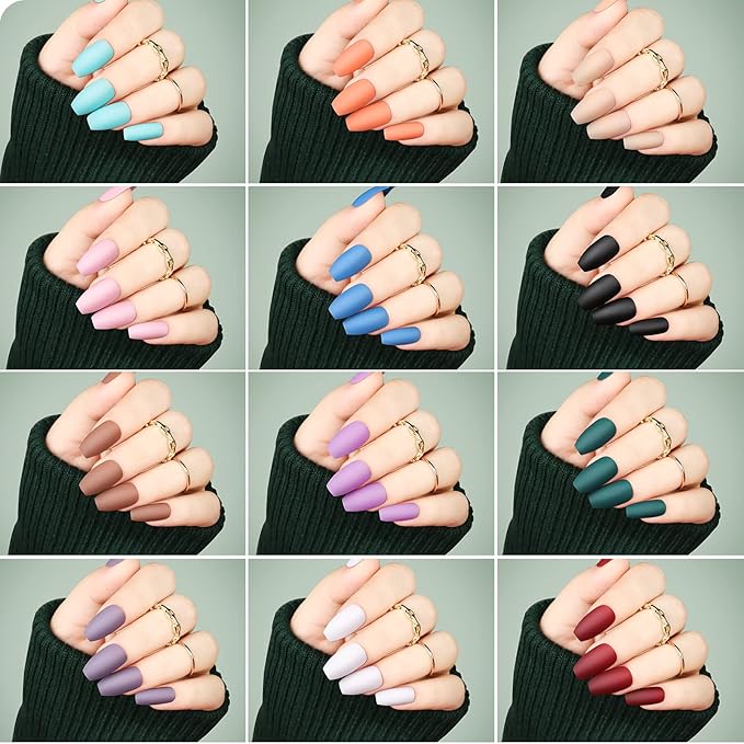 Teenitor 24 Pack 576 PCS Press On Nails Medium Length Coffin Glue On Nails, Coffin Shape Press On Nails Set, 12 Colors Coffin Matte Press On Nails, 12 Colors Glossy Press On Coffin Nail