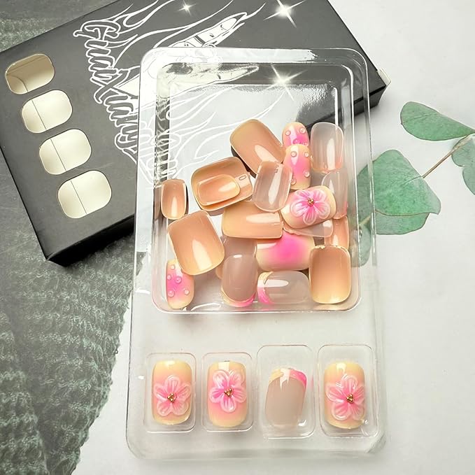 3D Flower Press on Nails Short Square French Tip Fake Nails with Designs Summer Nails Kit Flowers Acrylic Nail Tips False Nails Cute Stick on Nails Full Cover Artificial Glue on Nails for Women 24Pcs