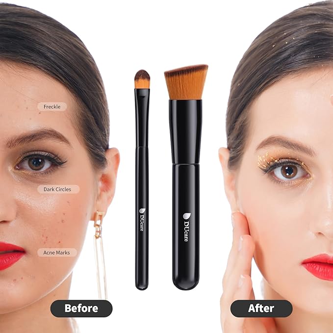 DUcare Foundation Brush and Concealer Brush 2Pcs Contour Bronzer Kabuki Brush for Face Synthetic Liquid Blending Mineral Powder Makeup Tools