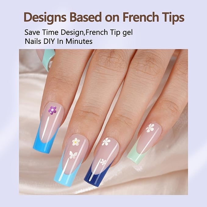 Misssix French Gel Nail Tips, 150Pcs Blue French Tip Press on Nails Long Square, No Need to File Tips Pre-lasting, Fake Nails for Nail Art DIY 15 Sizes